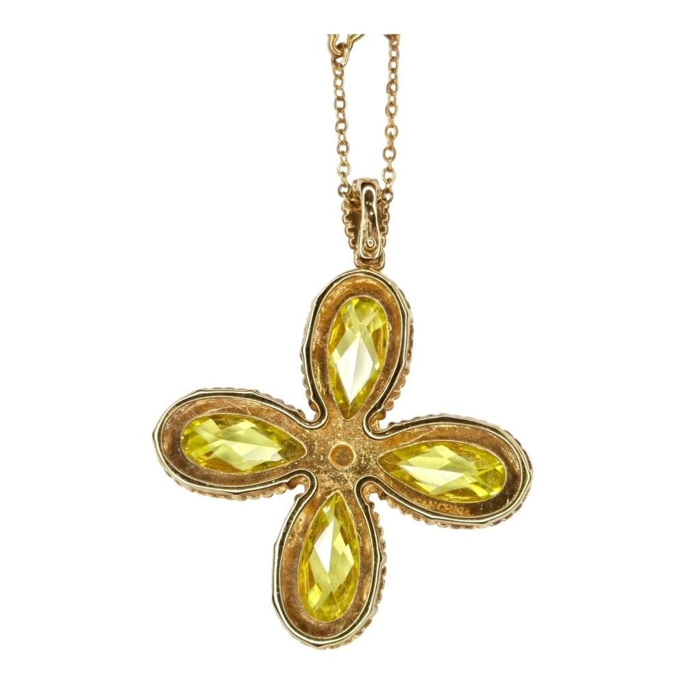 Gold Tone Green Faceted Glass Quatrefoil Pendant Necklace 18in Statement Jewelry - Picture 4 of 6